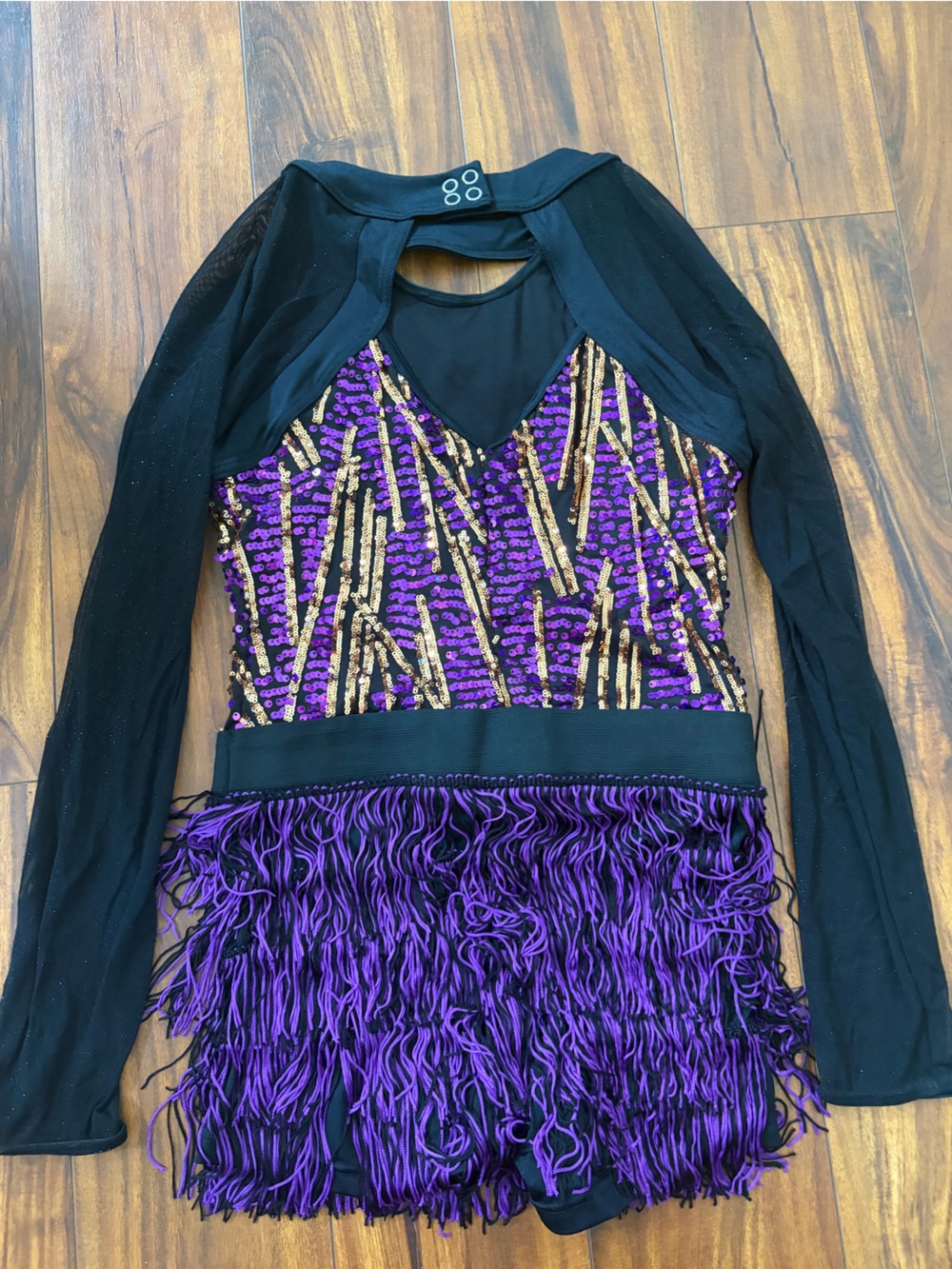 Weissman Purple/Gold Sequin Fringe with Black Sleeves Small Adult Nearly New - Picture 3 of 4